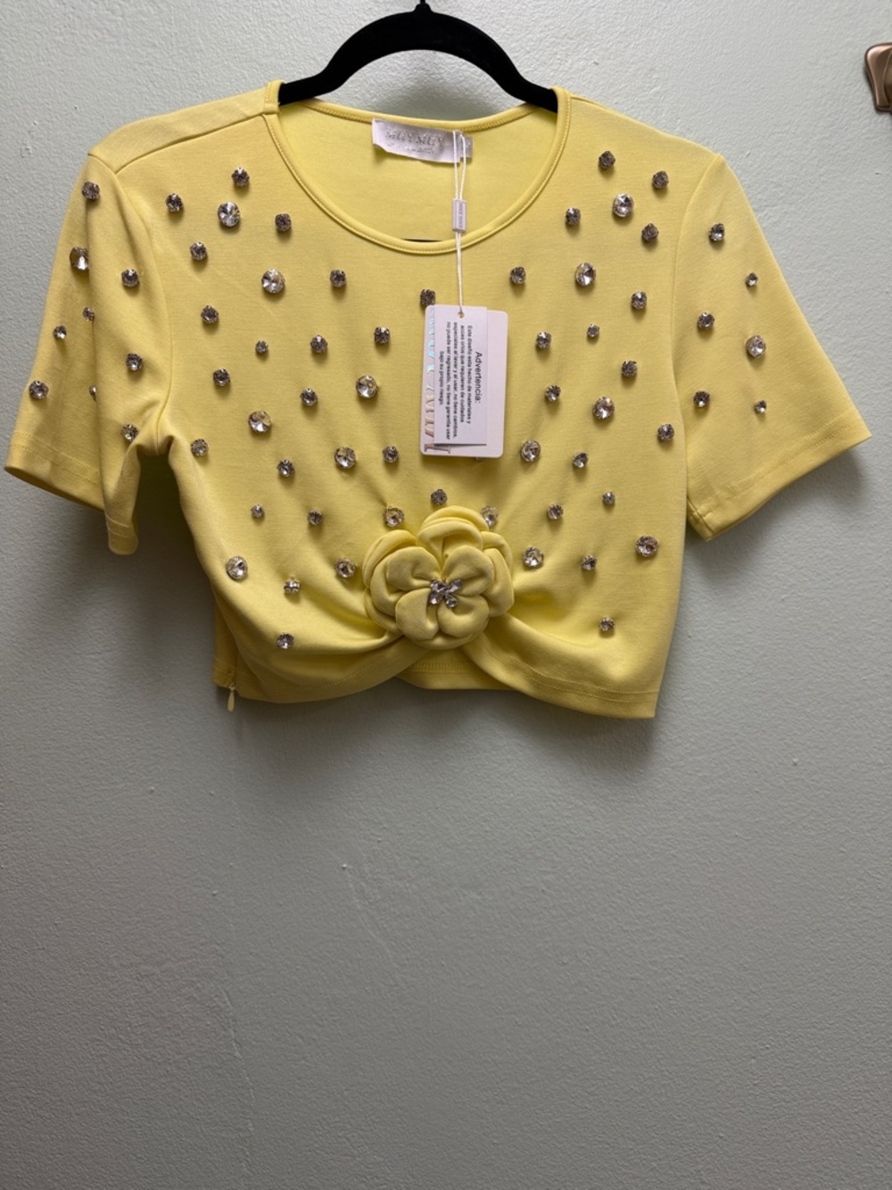 Yellow Embellished Crop Top with Floral Accent